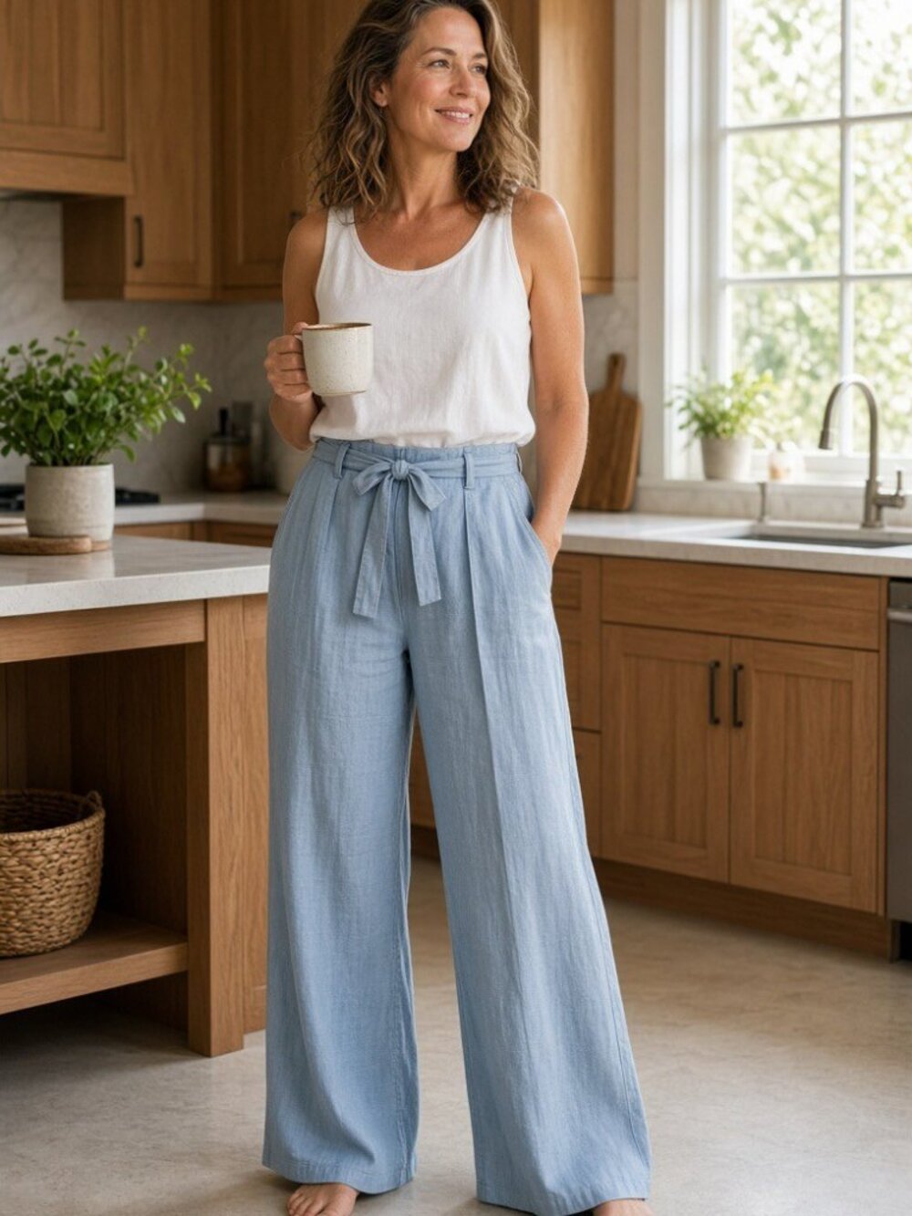 Zara Light Blue Linen Paperbag Wide Leg Pants | Size 5